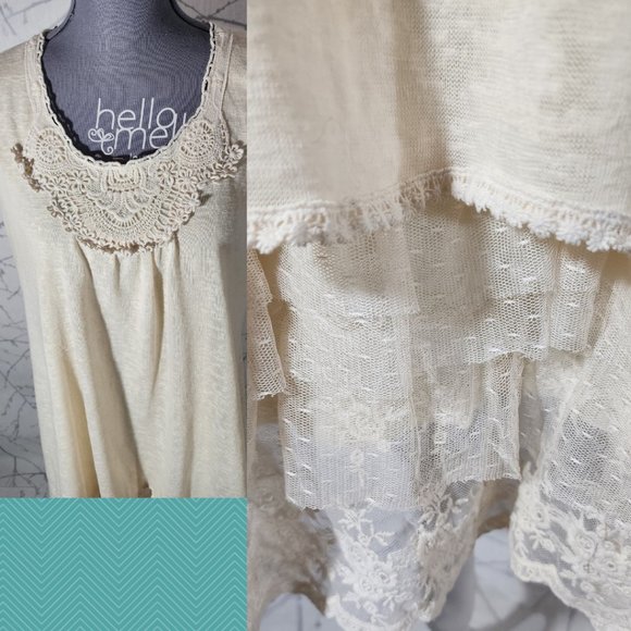 Anna Bella Heathered Ivory Tiered Peplum Lace Hem Dress - Picture 2 of 5